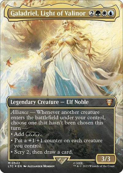 Galadriel, Light of Valinor (Borderless) (Surge Foil) (Commander: The Lord of the Rings: Tales of Middle-earth) Near Mint